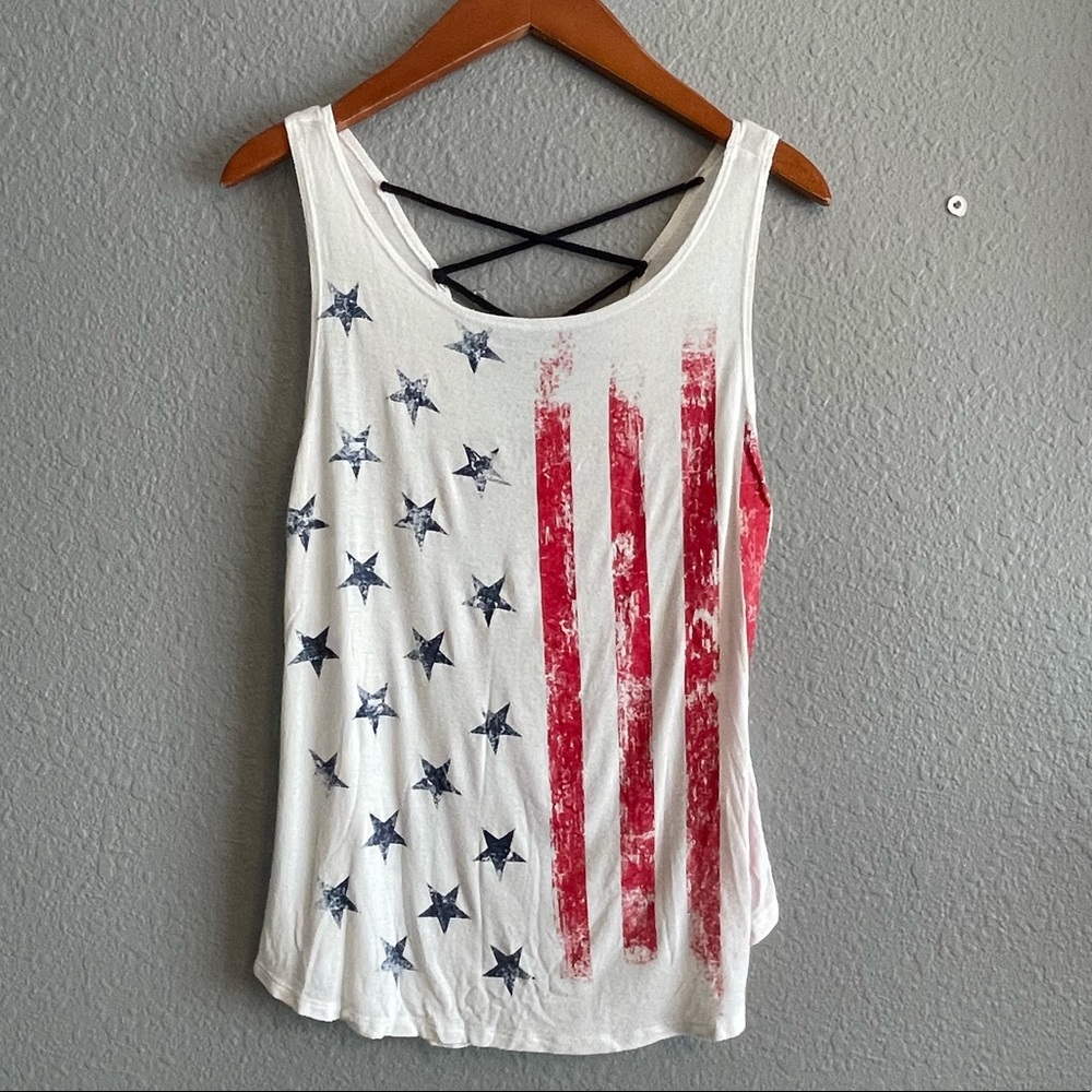 American Flag USA Red White & Blue Cross Back Sleeveless White Tank Top Large